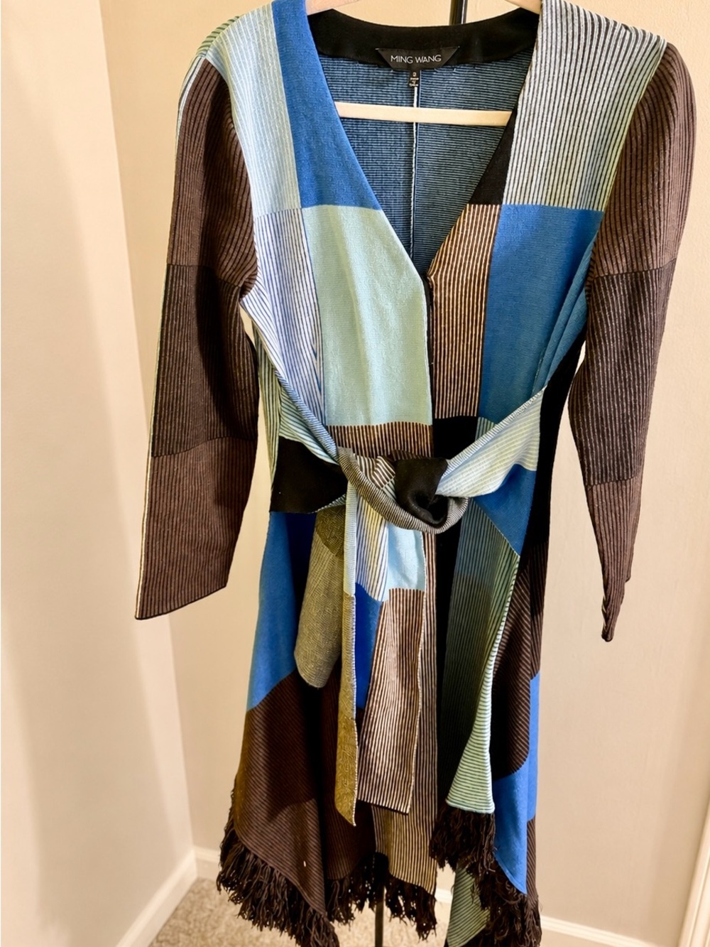 Ming Wang Blue, Green & Brown Patchwork Wrap Dress